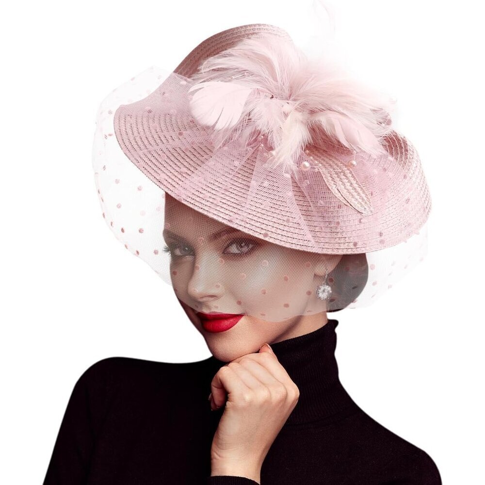Women Fascinator Hat Mesh Feathers Flower Headband Clip Tea Party Accessory